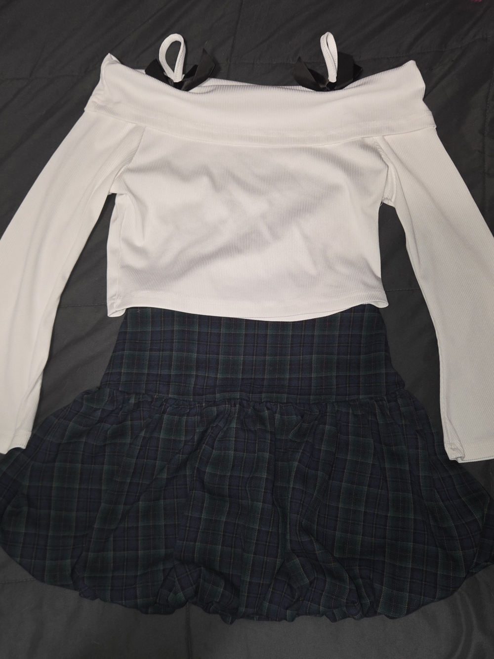 White Off-Shoulder Top with Dark Plaid Skirt